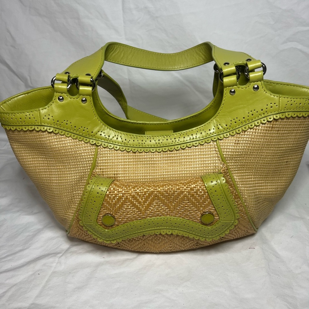 Cole Haan Megan straw tote with lime green trim. This specific model is vintage